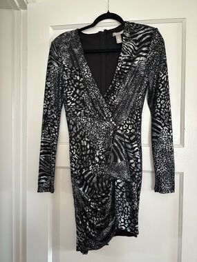 Aqua Black & Silver Animal-Print Wrap-Style Long Sleeve Dress